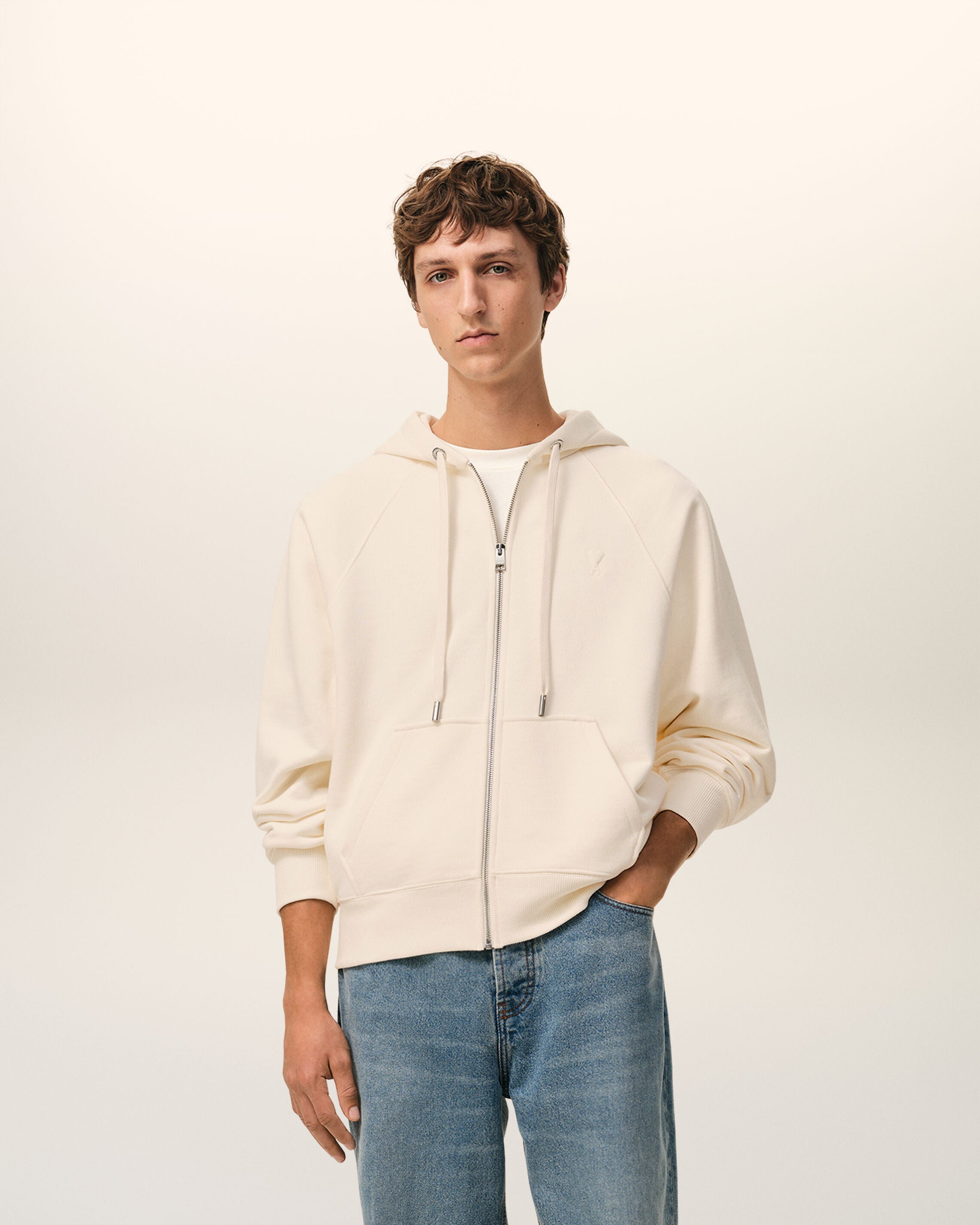 WHITE CREAM White Cotton Embossed Ami De Coeur Zipped Hoodie | Ami Paris