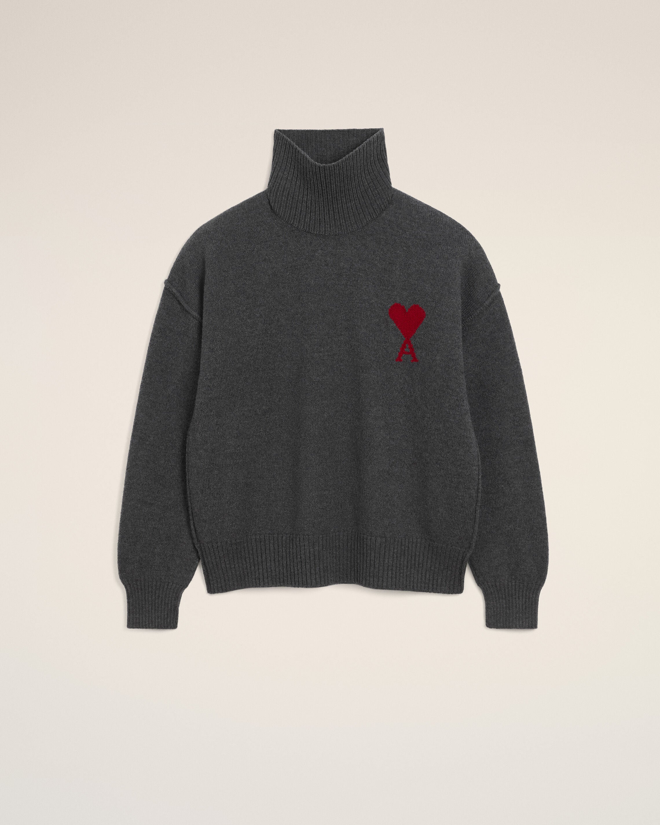 HEATHER GREY/RED Grey Wool Ami De Coeur Funnel Neck Sweater | AMI PARIS